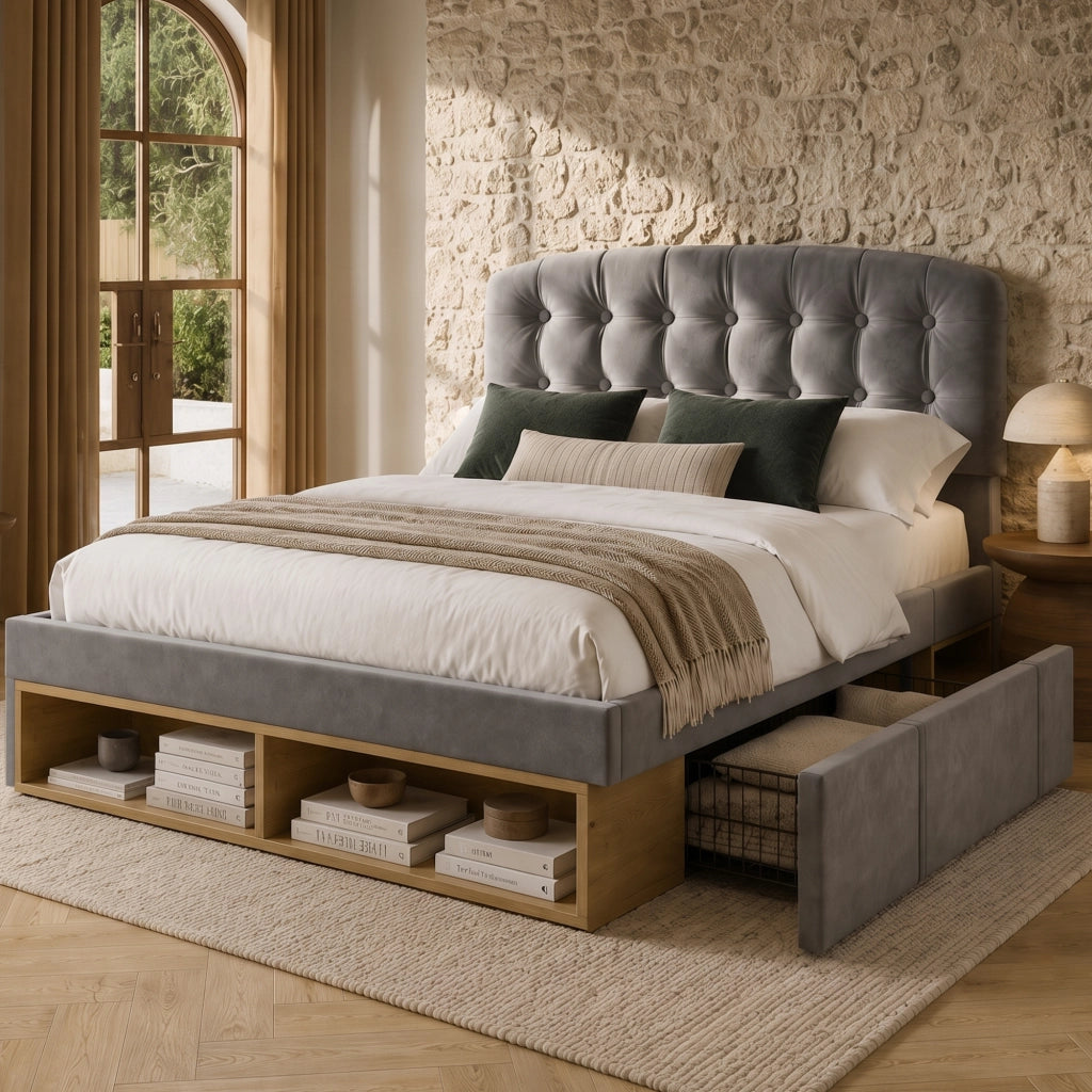 Letto matrimoniale – 140x200 cm – testiera regolabile cassetti – velluto grigio