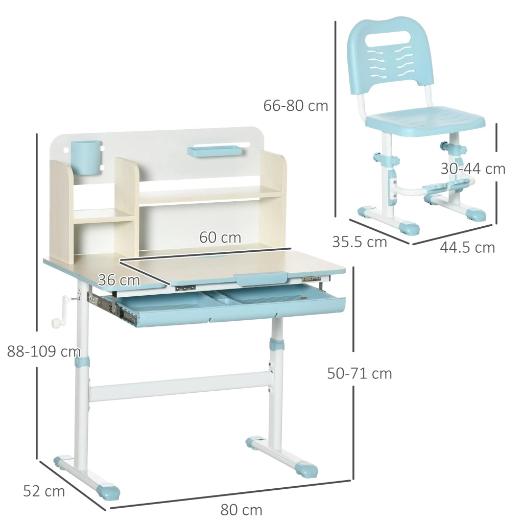 Set Scrivania e Sedia per Bambini da 3 Anni Regolabile, Tavolo Inclinabile a 60¡ã con Cassetto e Ripiani, Blu