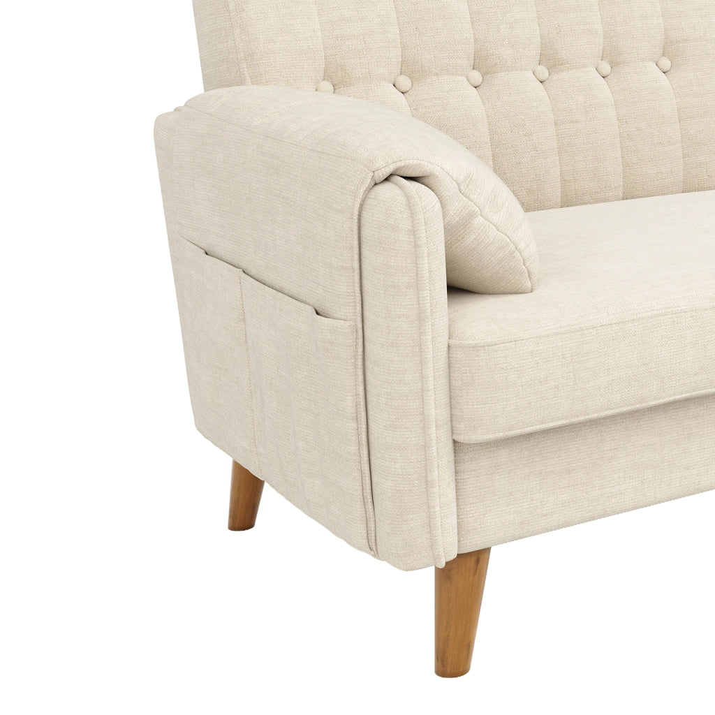 Divano lineare 2 posti - con schienale capitonné e tasche laterali - in chenille beige
