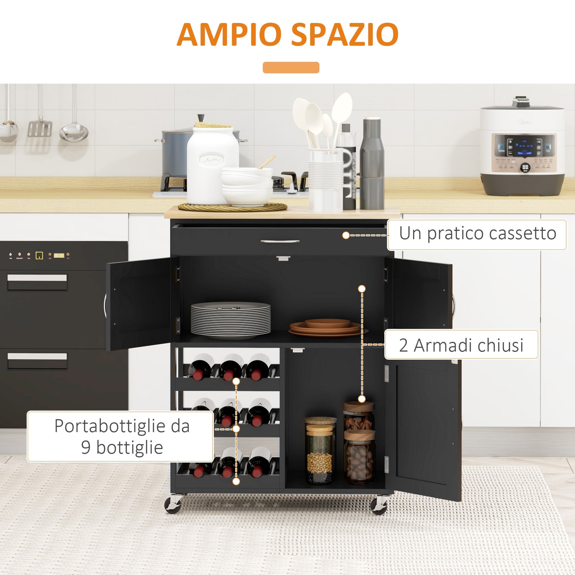 Carrello da Cucina con Portabottiglie Integrato 67x37x87 cm in Legno Nero e Rovere