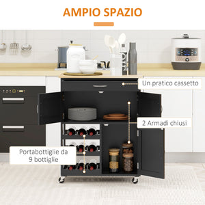 Carrello da Cucina con Portabottiglie Integrato 67x37x87 cm in Legno Nero e Rovere