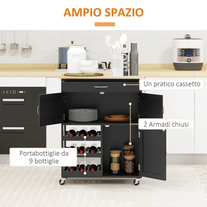 Carrello da Cucina con Portabottiglie Integrato 67x37x87 cm in Legno Nero e Rovere