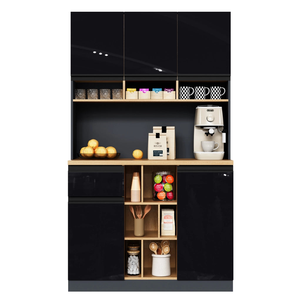 Credenza alta moderna 105×45×185 cm con ante lucide, cassetto, ripiani regolabili e vano aperto