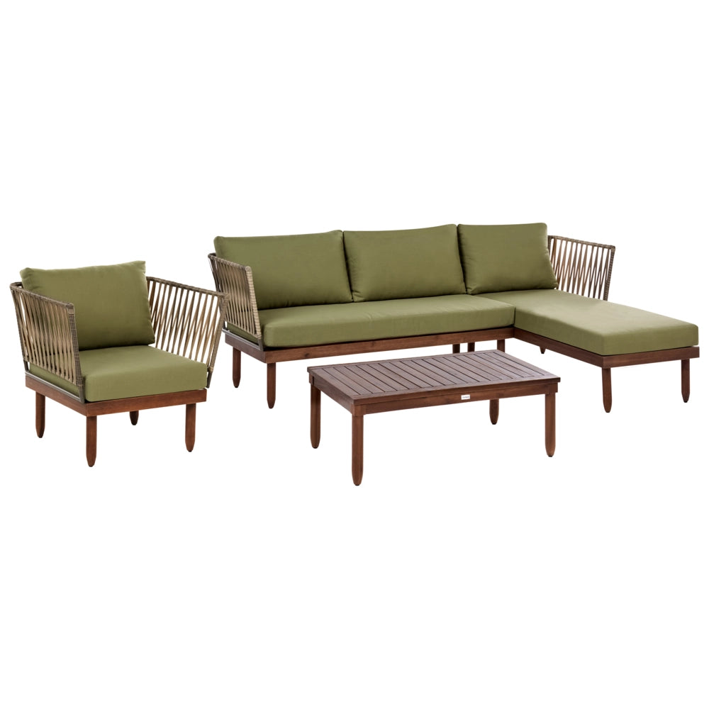 Set Lounge da Esterno in Legno di Acacia con Cuscini Verdi Poltrona in Finto Rattan Tavolino Sinistro 4 Posti