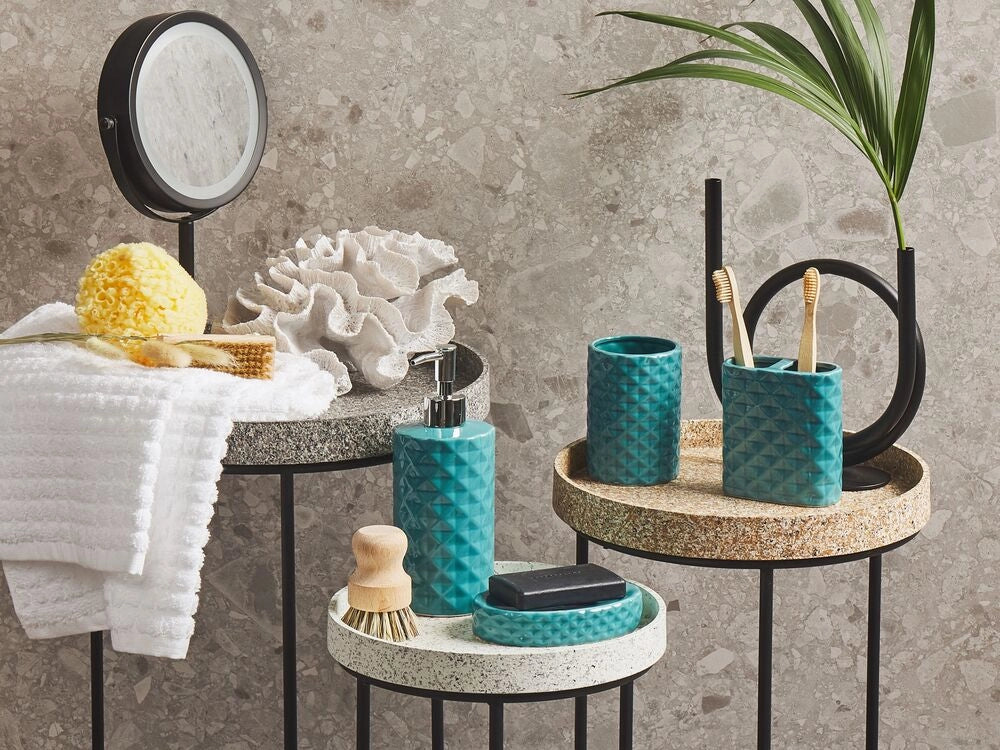 Set di 4 Accessori Bagno in Ceramica blu dispenser sapone porta sapone Portaspazzolino recipiente
