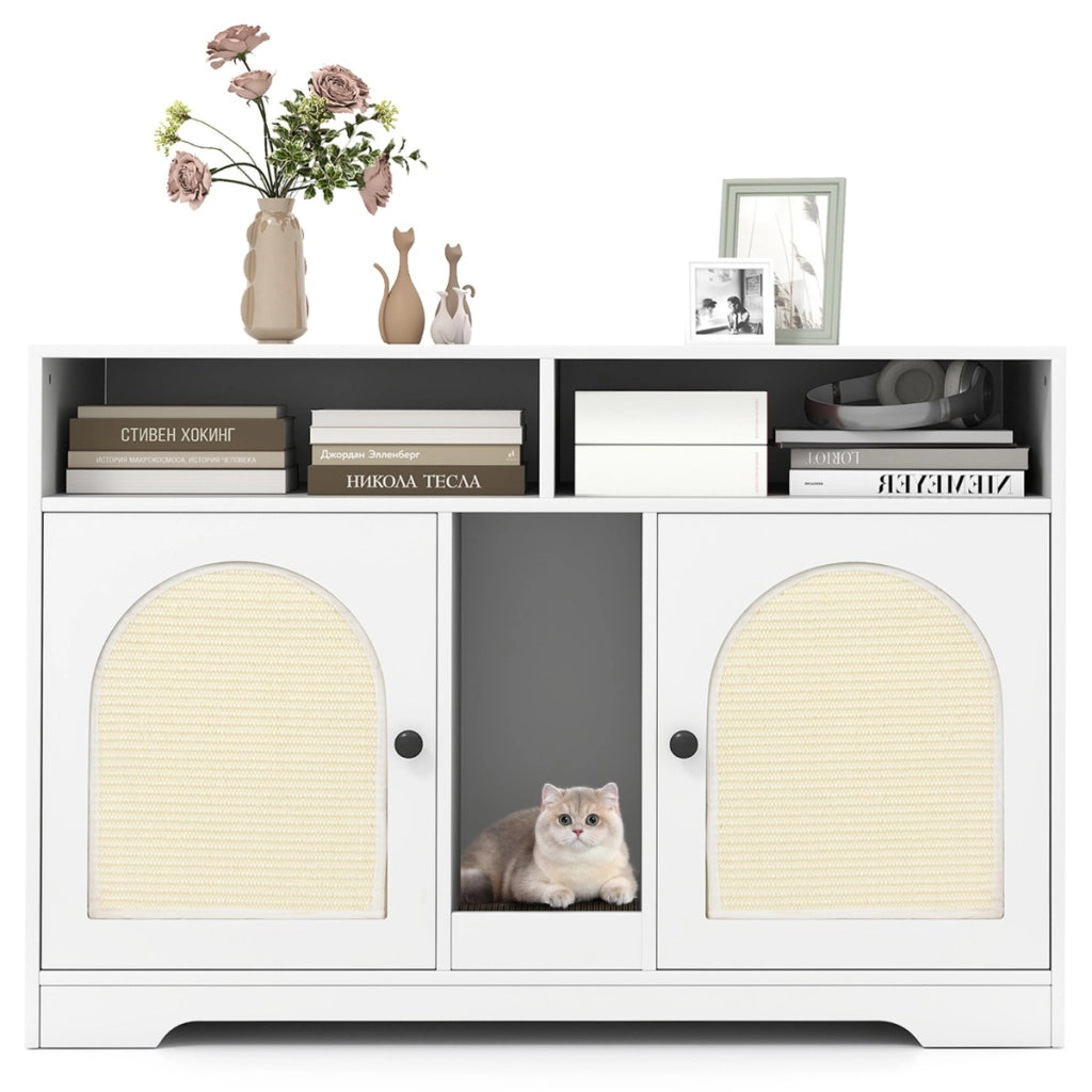Armadietto moderno per gatti con ripostiglio doppie stanze in legno da interno, Armadietto moderno 2 tappetini in sisal Bianco-Lettini e divanetti