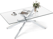 Tavolo da Caffè, Tavolino Salotto in Vetro Temperato con Gambe Incrociate in Metallo Placcato e Piedini Regolabili Antiscivolo, per Soggiorno e Ingresso, 120 x 60 x 45,5 cm (Argento)