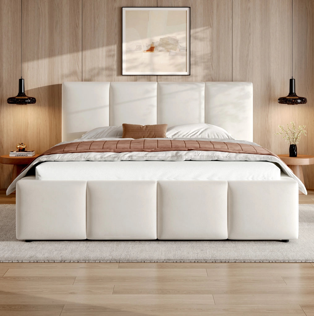 Letto matrimoniale imbottito 180x200 cm in chenille beige con rete a doghe