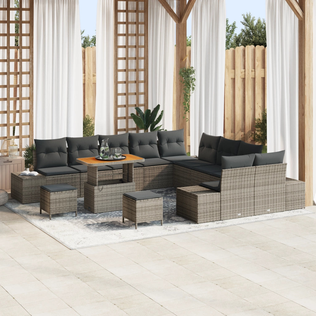 Set divano da giardino con cuscini vitaXL 13 pezzi grigio polyrattan acacia