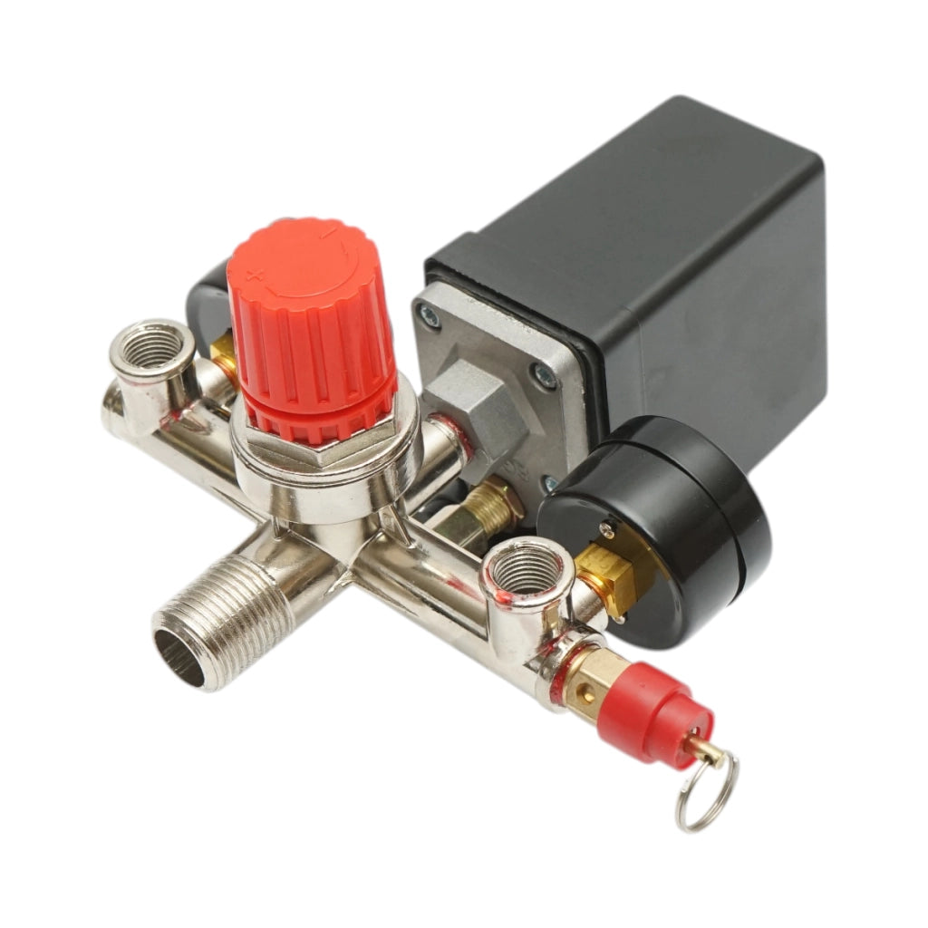 Pressostato per compressore d’aria 220V, con regolatore e 2 manometri fino a 12 bar.