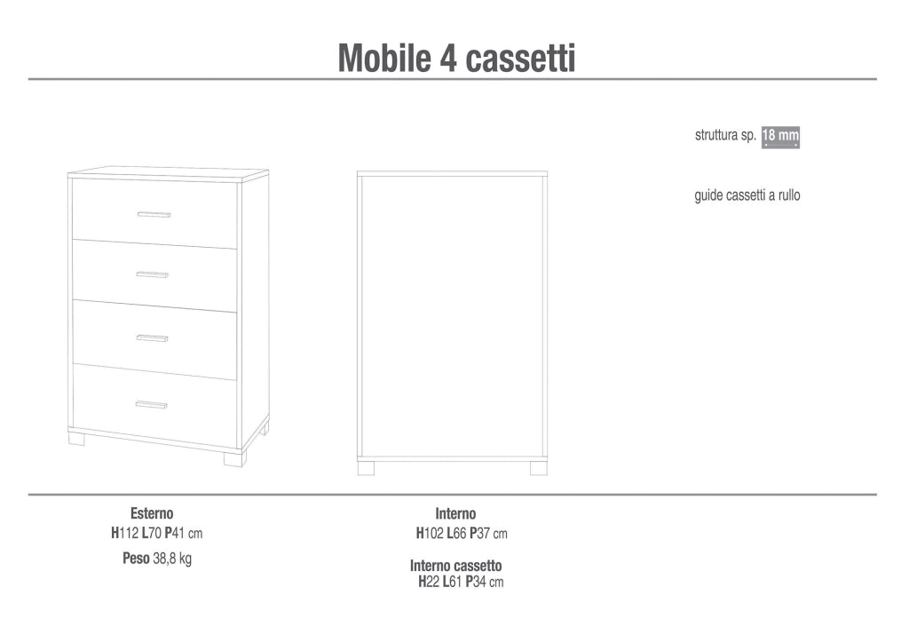Mobile 4 Cassetti 70x112x41 cm Rovere Naturale/Bianco Fiammato