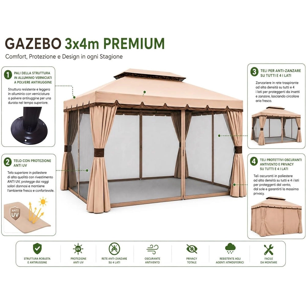 Gazebo Royal 3X4 Metri In Alluminio Impermeabile Zanzariera Antipioggia Moka