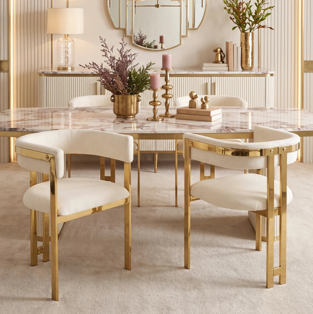 Set di 4 sedie 60x50x76 cm con schienale semicircolare; in chenille beige e oro