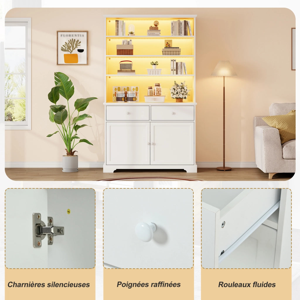 Vetrina con 2 ante; 2 cassetti; 7 vani e LED - per soggiorno - 100×38×170 cm - bianco