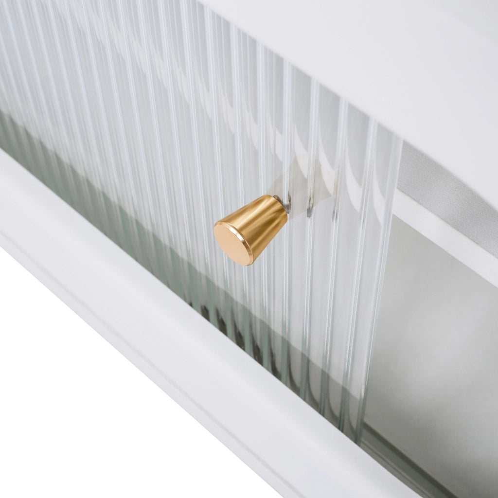 Mobile basso porta televisore bianco con ante effetto rattan e vetro, capienza e stile moderno