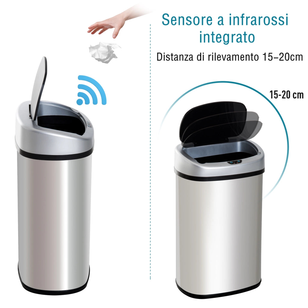 Bidone Immondizia a Infrarossi da 30L con Anello per Sacchetti, in Acciaio Inox e ABS, 33x25x58 cm, Argento