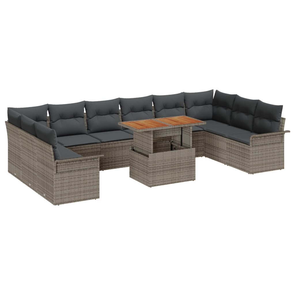 Set da pranzo da giardino 11 pezzi con cuscini in rattan grigio e acacia
