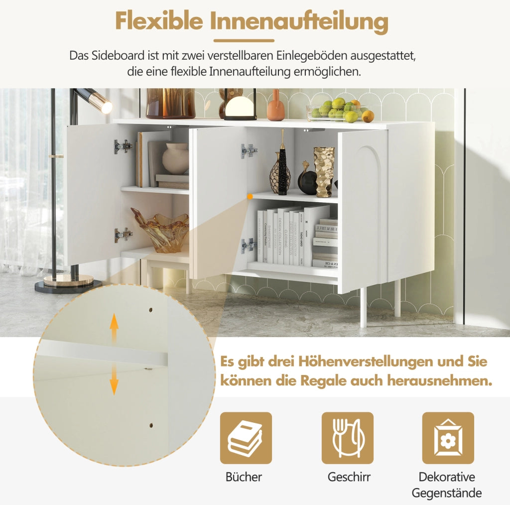 Sideboard moderno bianco con 4 ante; 2 ripiani regolabili; in MDF e metallo; 2 colli