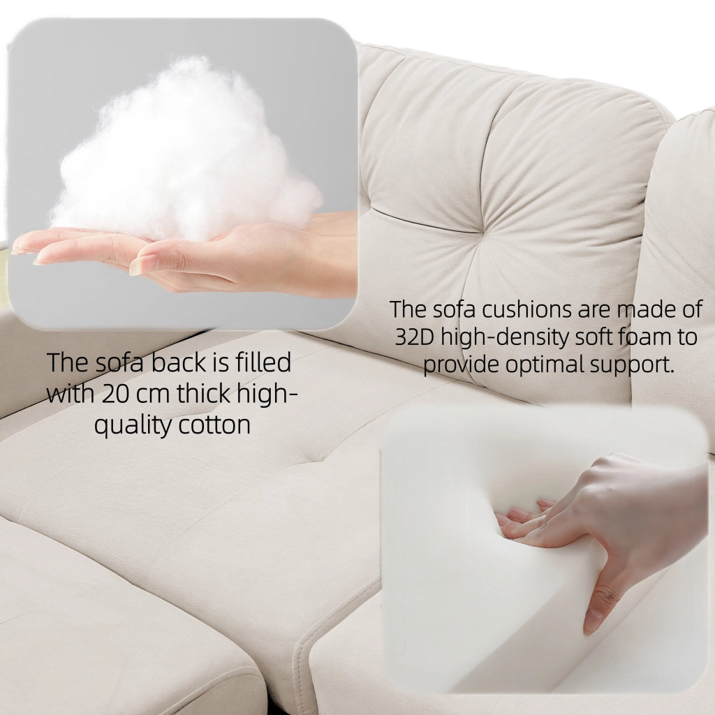 Divano angolare modulare con chaise longue estraibile USB contenitore e bracciolo con ripiano in velluto beige per soggiorno