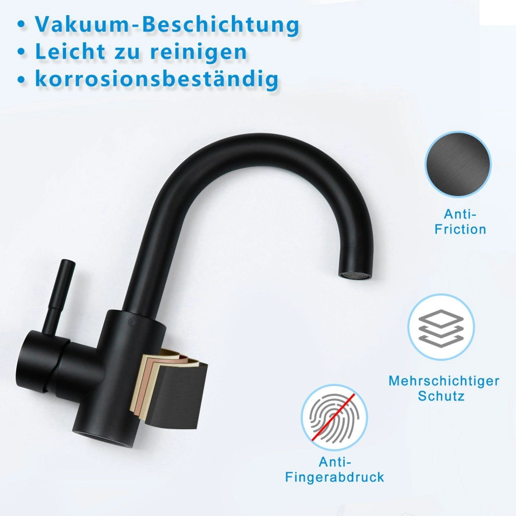 ZMH Rubinetto per bagno nero miscelatore per lavabo girevole a 360° acciaio inossidabile