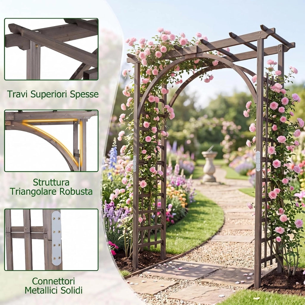 Arco da Giardino, Pergolato per Rampicanti con Tetto Piatto | Pergola in Legno Massello da Ingresso, Viale e Cortile per Matrimonio e Evento, 160 x 60 x 216 cm