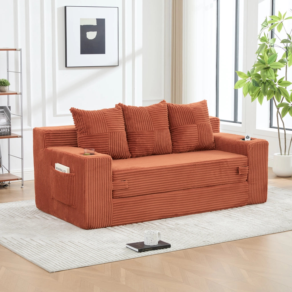 Divano modulare 172x87x64 cm trasformabile in cuscini separati in velluto a coste arancione