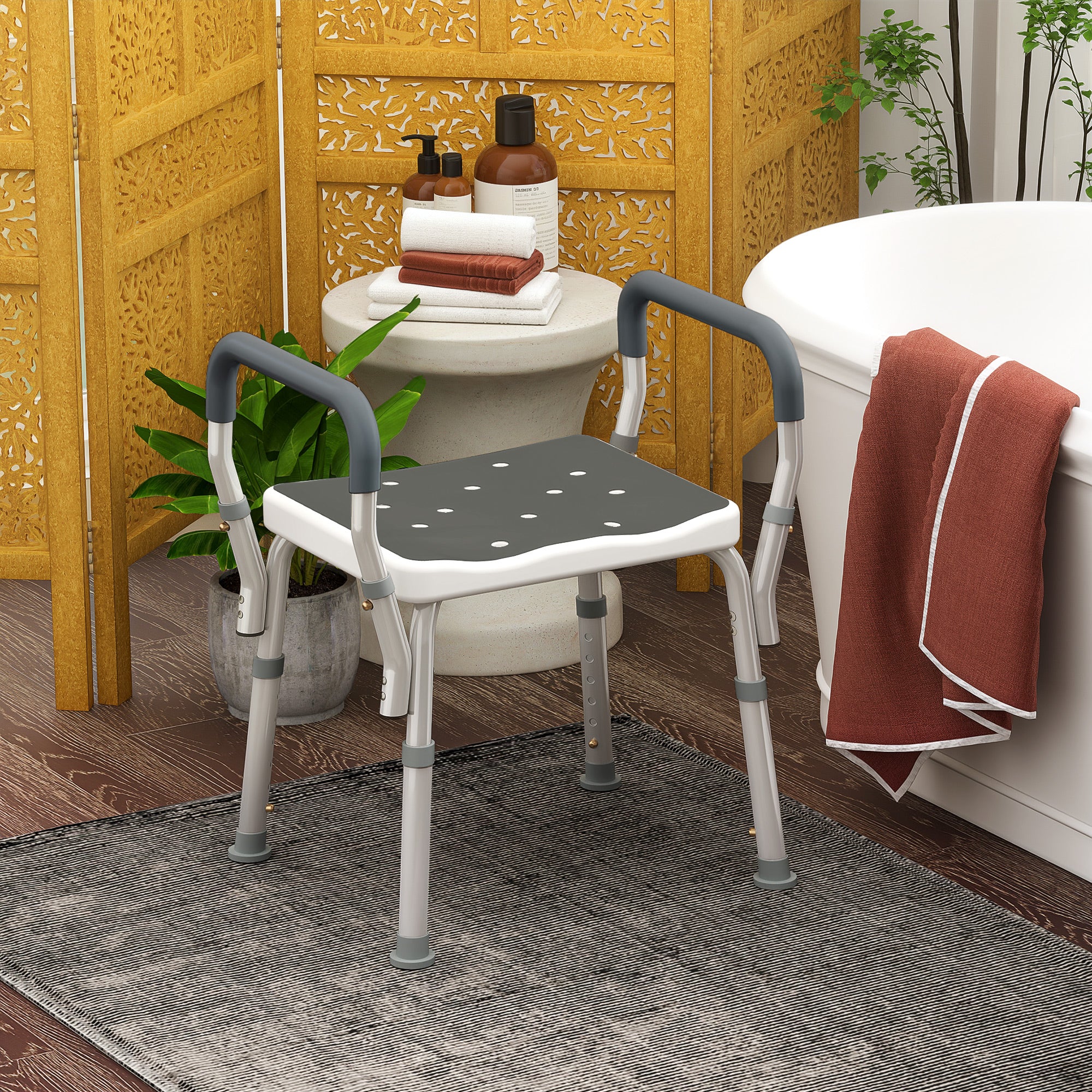 Sgabello per Doccia Regolabile 52x45x57-69 cm con Braccioli e Fori di Drenaggio in Alluminio Grigio