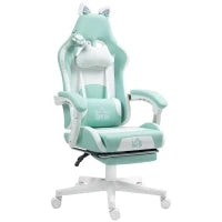 Sedia da Gaming Reclinabile con Poggiapiedi e Cuscini, in Finta Pelle e Spugna, 65x62x116-124 cm, Bianco e Blu