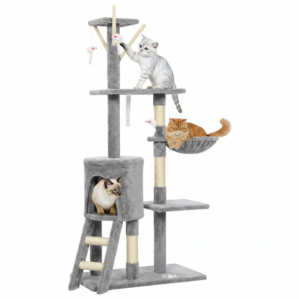 Torre per Gatti con Casetta, Trespolo e Piattaforme ¨C zephmum ¨C Grigio, Legno, 60x35x134 cm