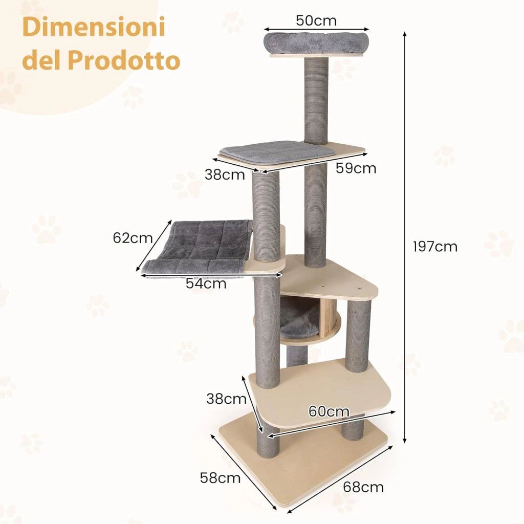 Albero per Gatti Alto 197 cm, Tiragraffi per Gatti con Comodo Trespolo Imbottito Superiore, Condominio Privato per Gatti, Materassini Staccabili, Pali per Graffiare e Amaca Confortevole