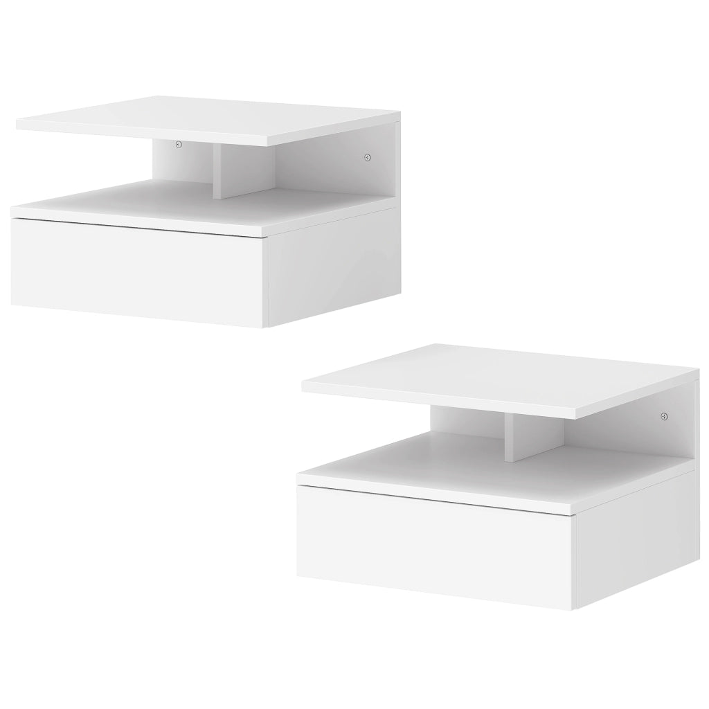 Set di 2 Comodini Sospesi con Cassetto e Mensola Aperta, 35x32x22.5 cm, Bianco