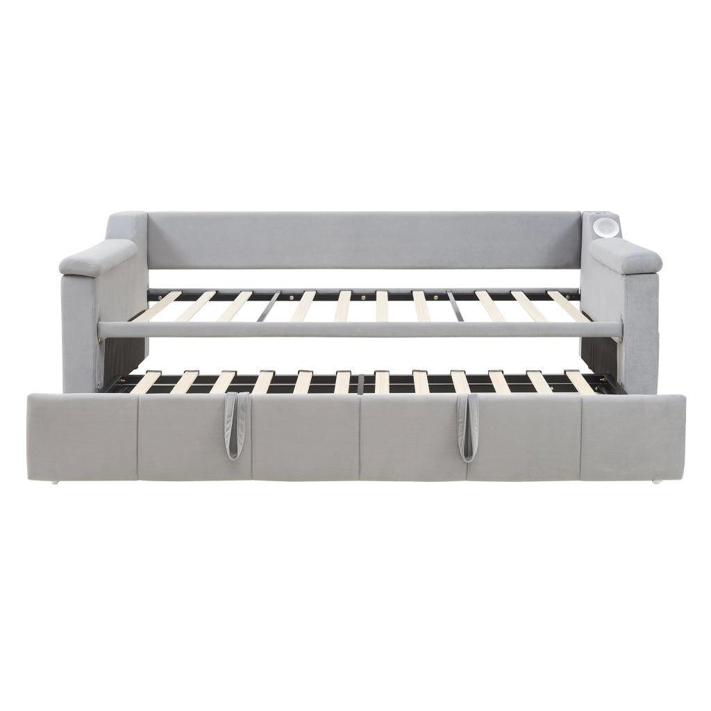 Letto imbottito salvaspazio 90×190 cm e 180×190 cm con USB; ripiani e Bluetooth; senza materasso; grigio chiaro