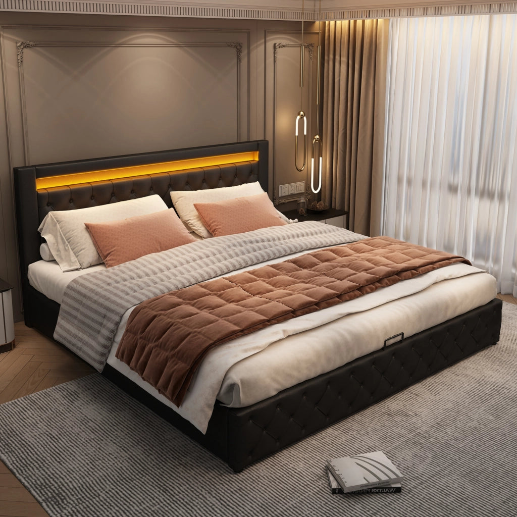 Letto imbottito 140x200 cm con contenitore; LED; PU nero