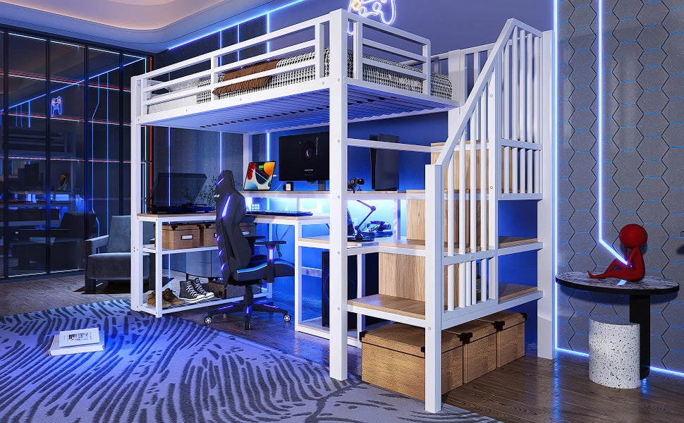 DESMIU Letto a soppalco 1 piazza con scrivania, USB, LED regolabile e scaffali 90 × 200 cm, senza materasso, bianco
