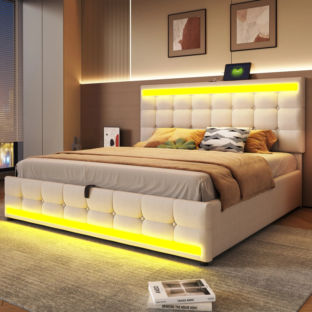 Letto imbottito matrimoniale 180×200 cm con LED RGB e USB; senza materasso; tessuto; beige