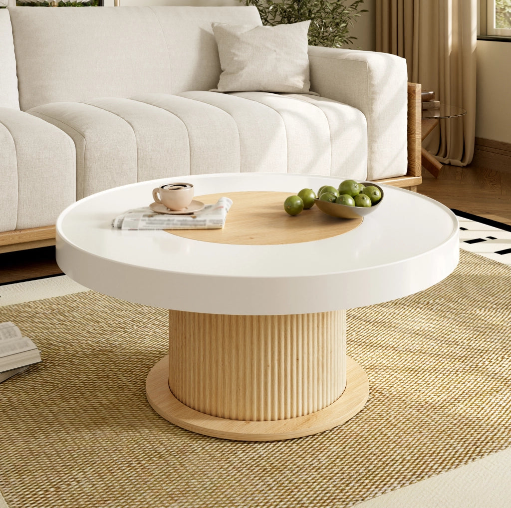 Tavolino da salotto rotondo 75x75x39 cm in MDF e PVC; naturale e bianco