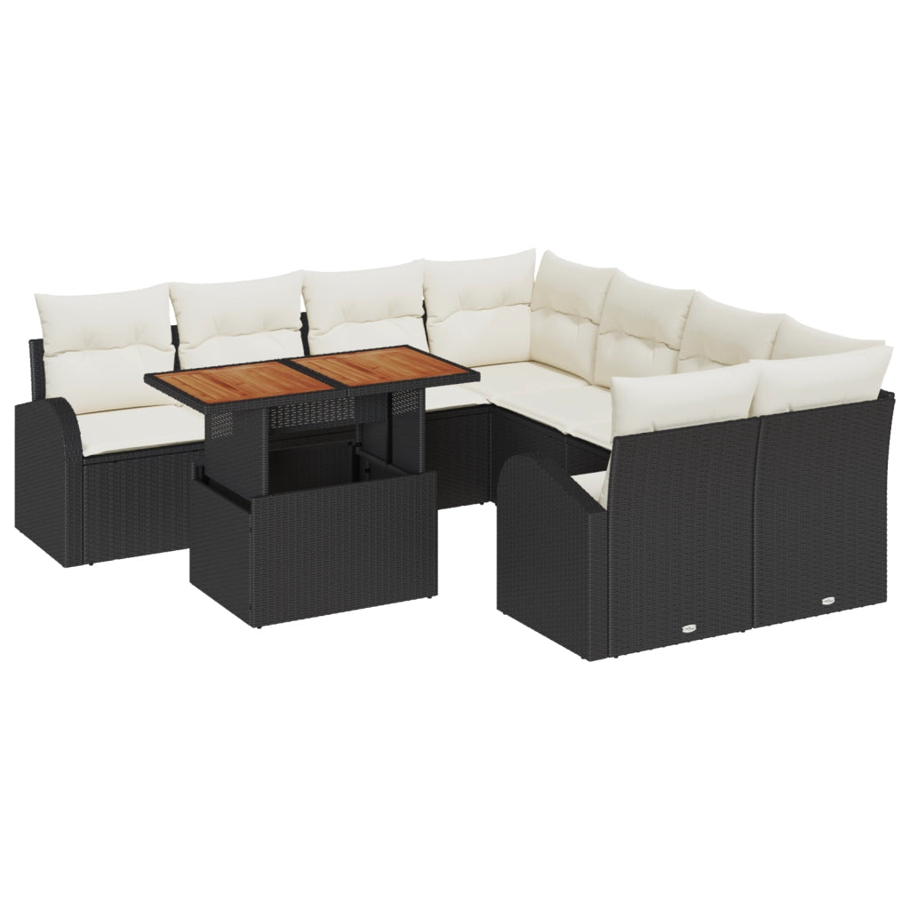 Set da Pranzo Giardino con Cuscini Neri in Polyrattan e Acacia
