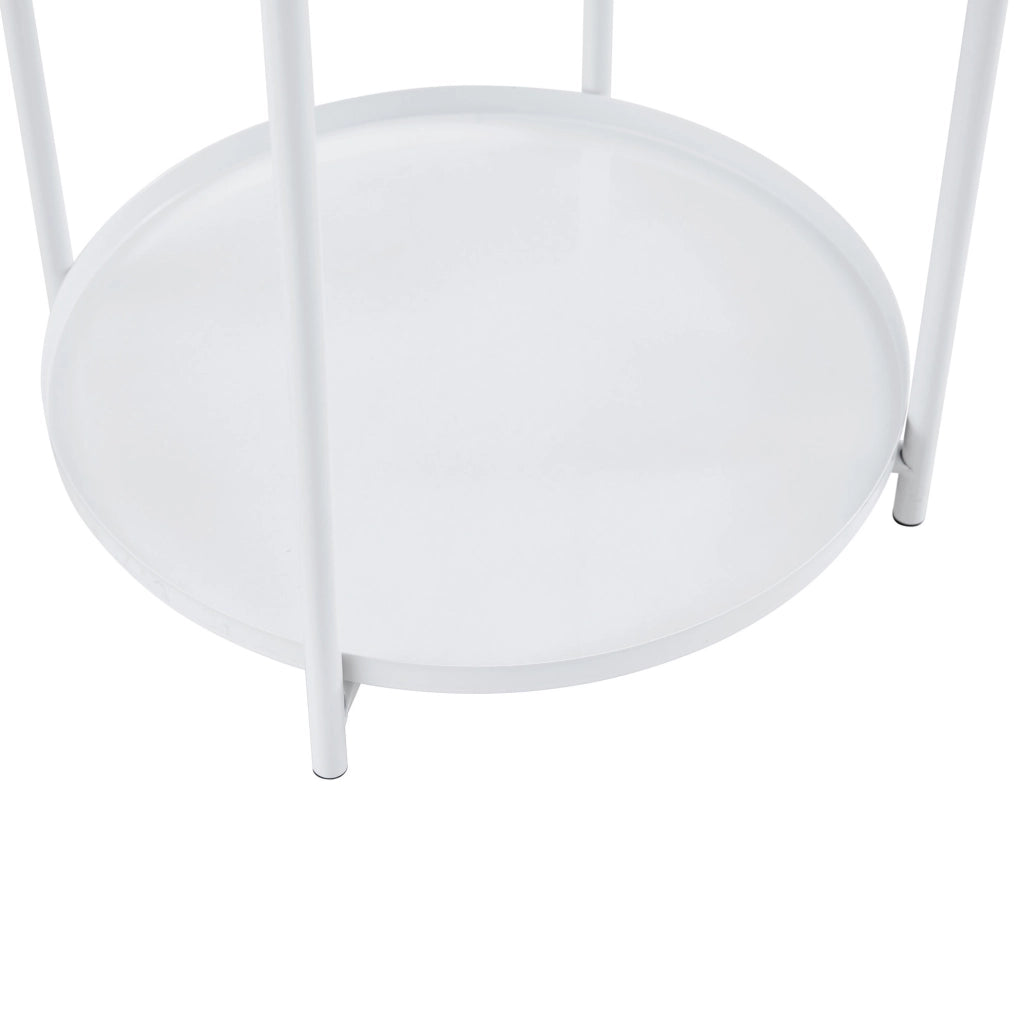 Tavolino laterale rotondo 42x52 cm a 2 ripiani in MDF e metallo bianco