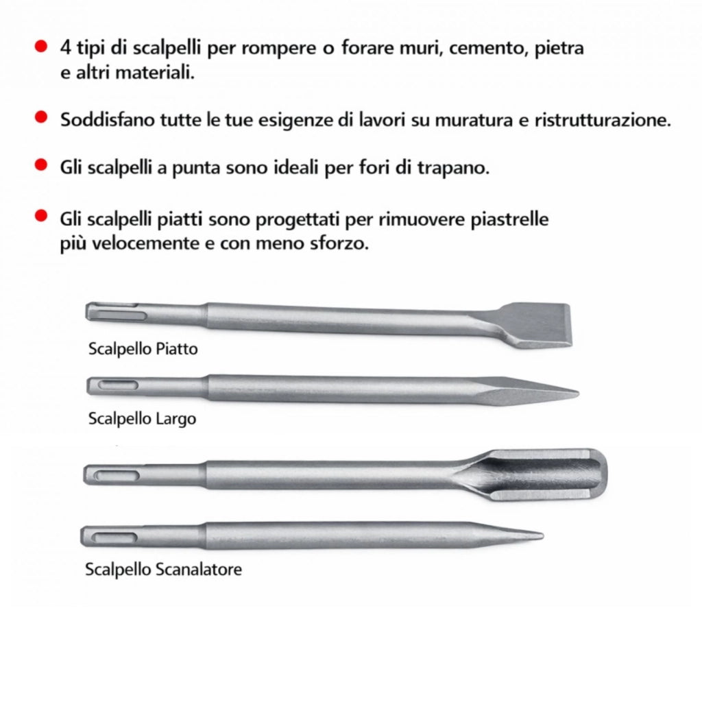 Set 4 Scalpelli SDS Plus per Martello Demolitore 2 Spatola, 1 Punta, 1 Scalpello