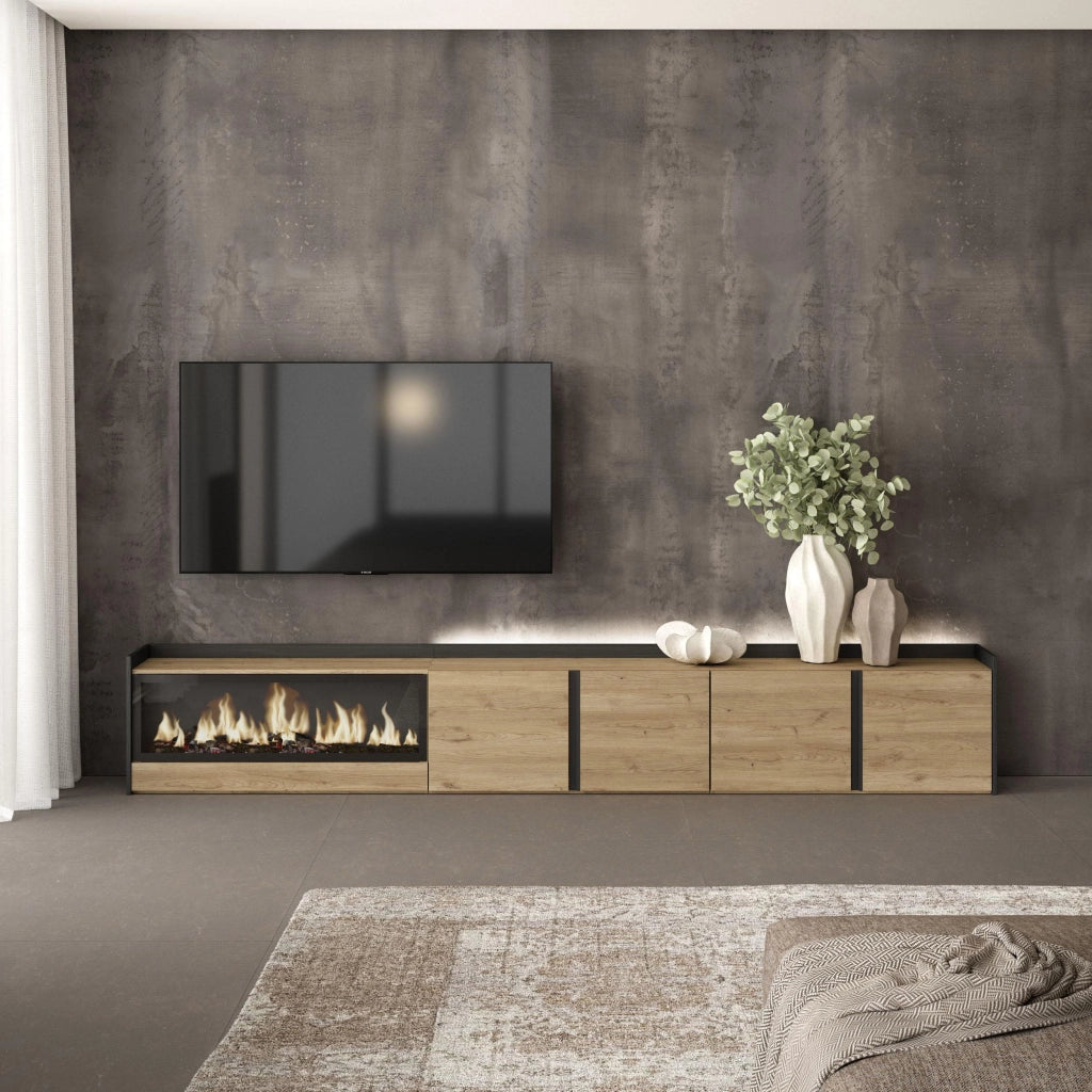 Mobile TV Soggiorno, 315x50x35 cm, Per TV fino a 80", Camino elettrico XXL, LED, Rovere e nero
