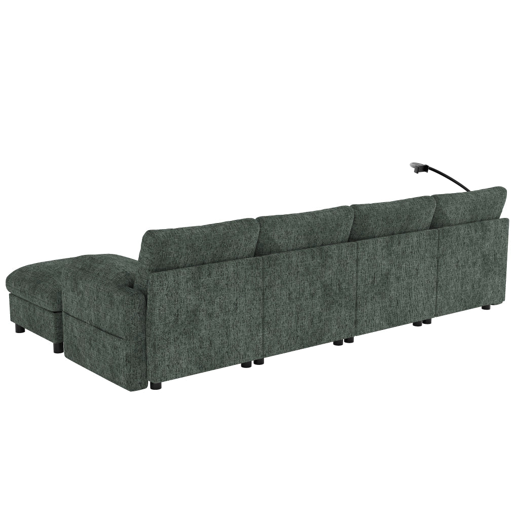 Divano componibile a 6 posti con 2 pouf contenitore in chenille verde, braccioli imbottiti e seduta modulare
