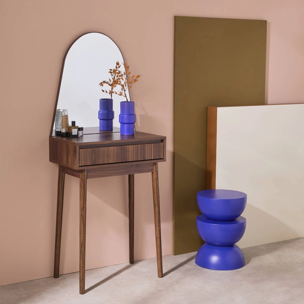 Toeletta trucco decorato in legno, specchio rotondo e 1 cassetto,