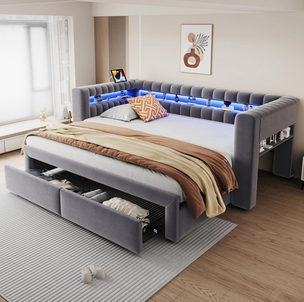 Divano letto estraibile 90x190/180x190 cm con cassetti; LED e USB-C in velluto grigio scuro