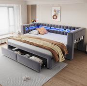 Divano letto estraibile 90x190/180x190 cm con cassetti; LED e USB-C in velluto grigio scuro