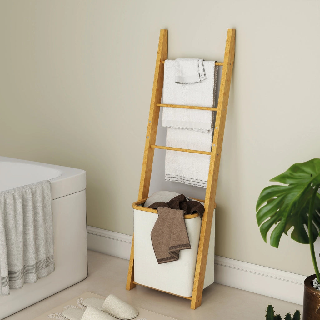 Mobile Bagno in Bamb¨´ con Cesto e Portasciugamani ¨C zephmum ¨C Crema 48L