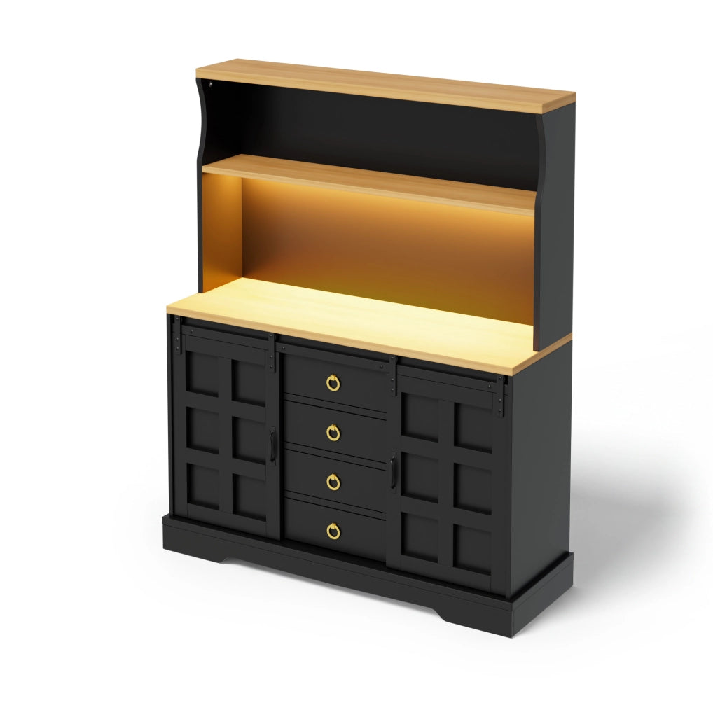 Mobile da cucina 120x40x150 cm con LED RGB; 4 cassetti; ante scorrevoli in MDF nero