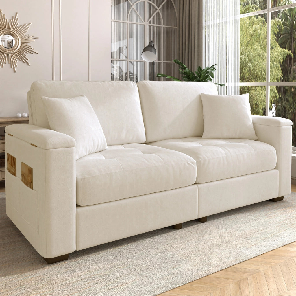 Divano 2 posti 180 cm con contenitore nei braccioli; in tessuto Chenille beige