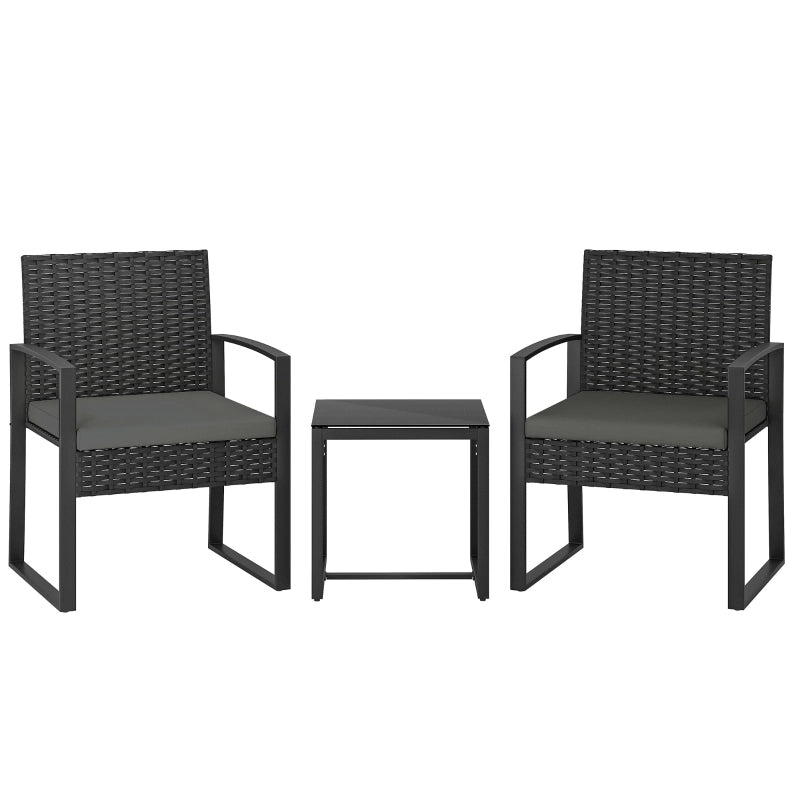 Set da giardino in rattan 3 pezzi con 2 poltrone e tavolino con cuscini sfoderabili grigio scuro