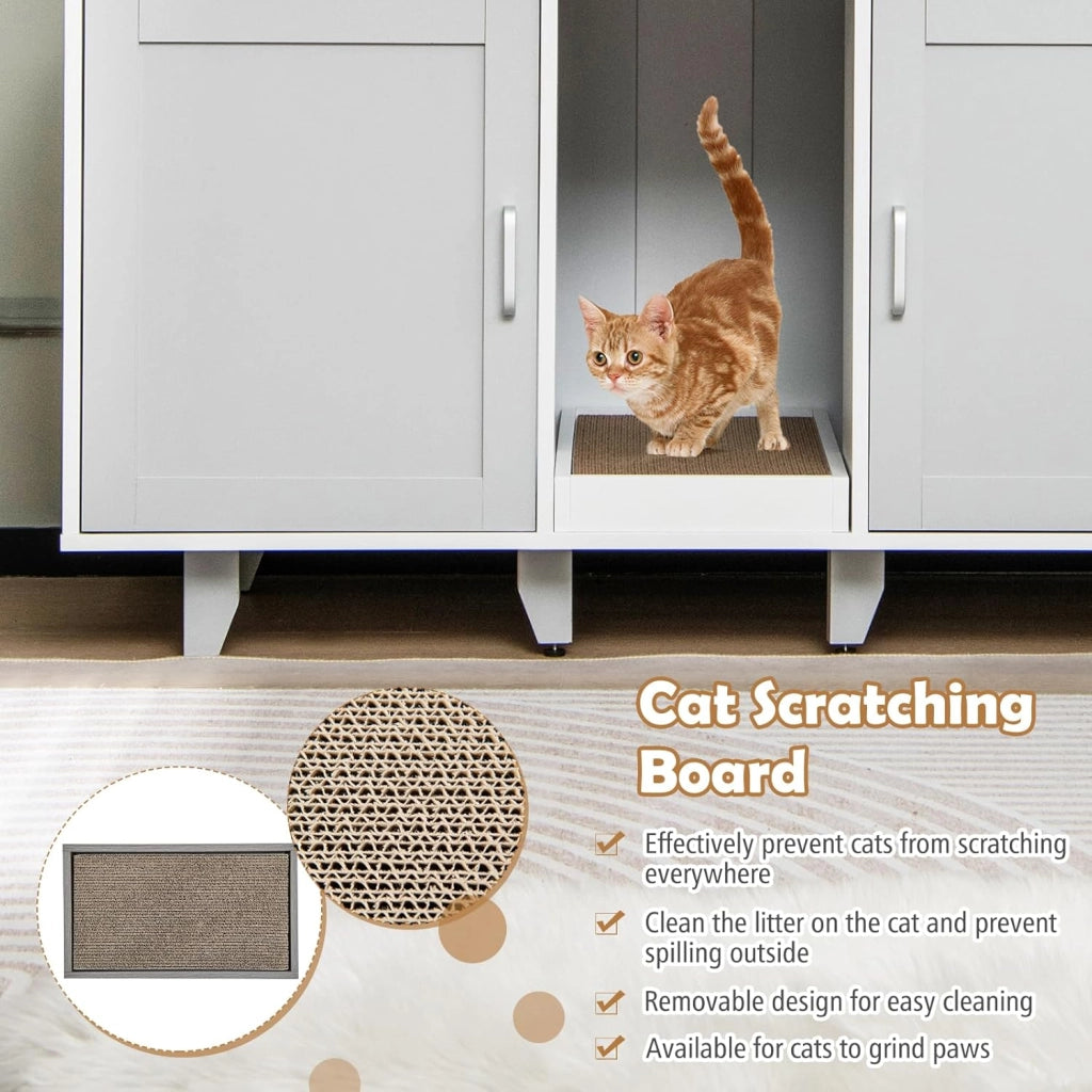 Mobile Lettiera per Gatti con 2 Ante, Armadio per Gatto in Legno con Ingresso Centrale e Tiragraffi, Grotta Rifugio Multiuso per Soggiorno e Camera da Letto, 120 x 52 x 65 cm (Grigio)