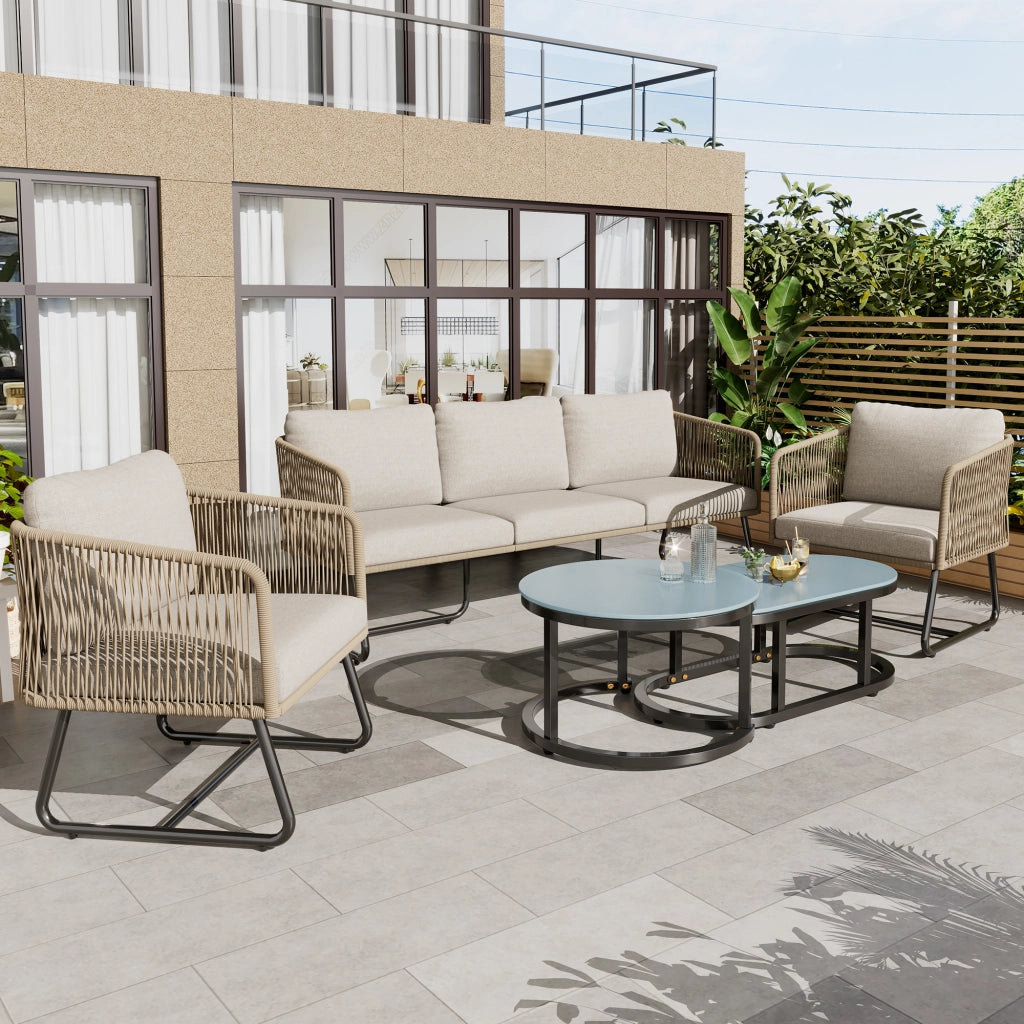Set Lounge da Giardino 5 Pezzi con Cuscini ¨C MINIMAL ¨C Rattan/Vetro, Beige